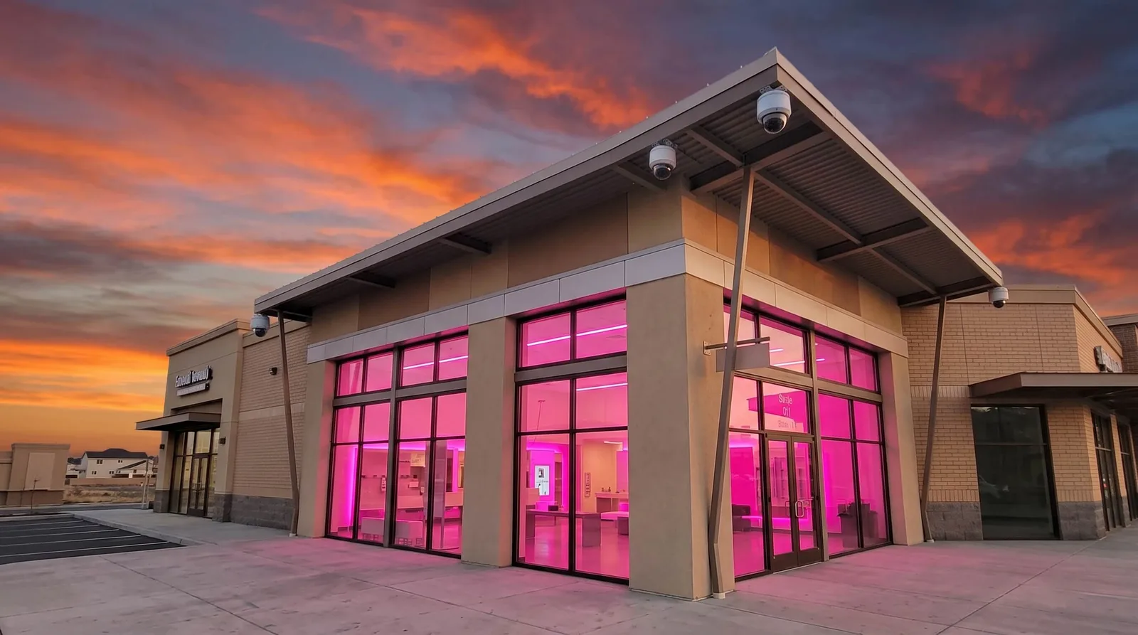 A commercial storefront at dusk with dome security cameras mounted under the eaves.